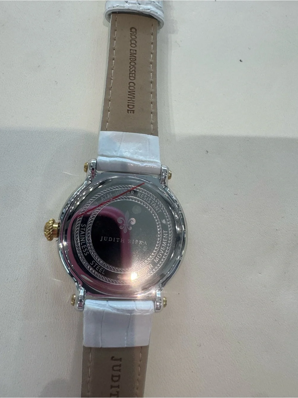 New Judith Ripka Odyssey White Embossed Leather Floating Heart Crystal Watch